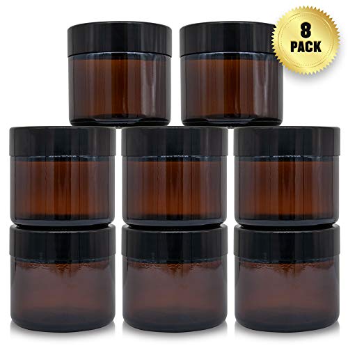 Brown Glass Cosmetic Tinted Jars with Screw on Lids and White Liners for Creams, Lotions and Essential Oils - 2oz / 60ml Tubs (8 Pack)