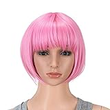 SWACC 10 Inch Short Straight Bob Wig with Bangs Synthetic Colorful Cosplay Daily Party Flapper Wig for Women and Kids with Wig Cap (Pink)