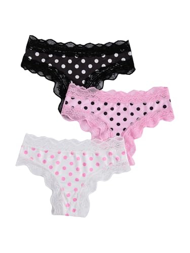 WDIRARA Women's 3 Pack Cute Graphic Panties Set Lace Trim Low Rise Comfy Thong Underwear Multicolor...