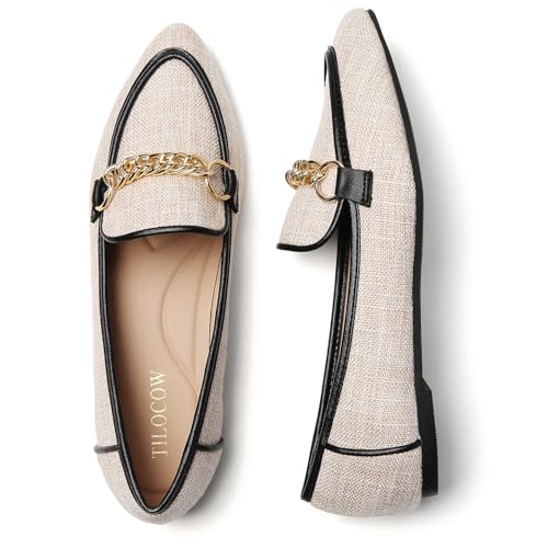 Image of Tilocow Metal Chain Loafers for Women Pointed Toe Slip on Flats Comfortable Fashion Work Shoes