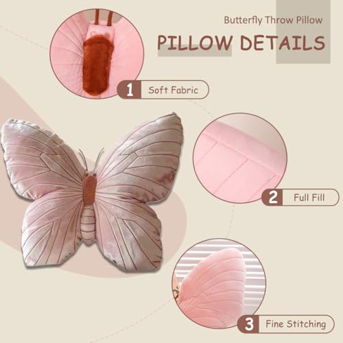 Butterfly Shaped Throw Pillow - Soft Stuffed Seat Cushion Pad, Pink Plush Velvet Decorative Animal Pillow for Couch, Living Room, Bed
