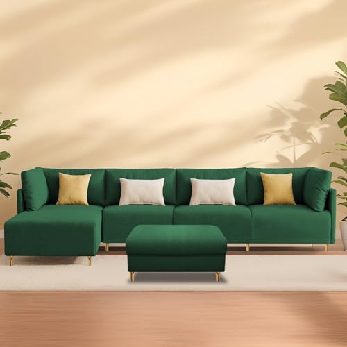 Image of Carina LHS 6 Seater L Shape Sofa Set with Center Table for Living Room (Green Fabric) Premium Fabric Sofa