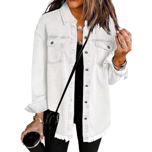 Women’s Oversized Denim Jacket – Button-Down Shacket, Distressed Jean Coat with Frayed Hem2