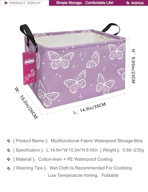 Rectangular Storage Basket Fabric Organizer Bin for Toys,Books,Clothes,Gifts,Pets-Perfect for Home,Office,Nursery,Dorm,Shelf(Rec-butterfly )