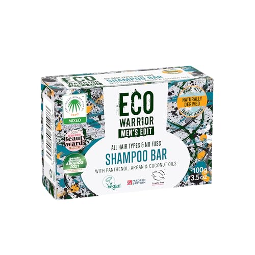 Eco Warrior Men’s Edit Shampoo Bar, 100g | Natural, Vegan, Cruelty Free, Eco Friendly | Cleansing and Moisturising Shampoos with Argan and Coconut Essential Oils | No SLS or Parabens | Mens Gift