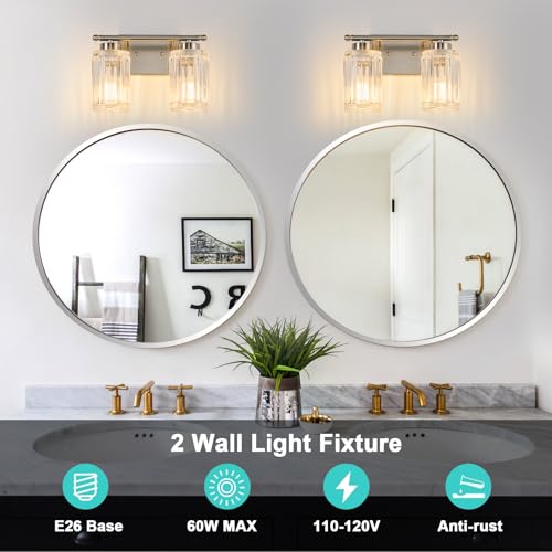 Image of 2 Light Bathroom Light Fixtures Modern Brushed Nickel 12 Inch Vanity Lights for Bathroom Lighting Fixtures Over Mirror with Thickened Glass Shade for Cabinet Mirror Bedroom Hallway