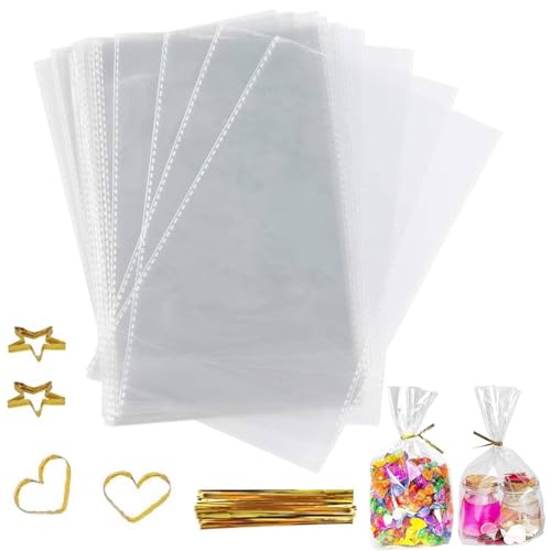 OMBRISA Bolsas Celofan Transparente 15x25cm, 100PCS Bolsas para Chuches con 100 Lazos Retorcidos, Bolsas Plastico Pequeñas para Rellenar Repostería Bollería Galletas Dulces Postres Regalos