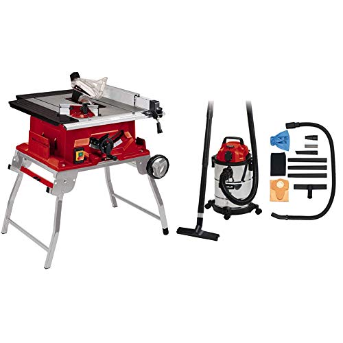 Einhell Scie circulaire sur table TE-TS 250 UF (puissance maximale de 2 000 W, fonction trolley, démarrage progressif, butée parallèle et butée d’angle) + aspirateur synchro 20L TC-VC 1820 SA
