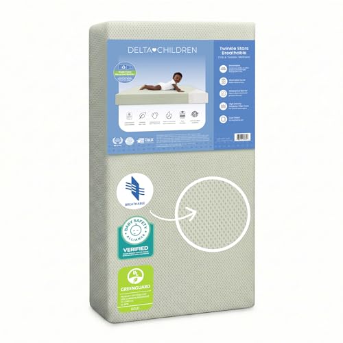 Image of Delta Children Twinkle Stars Breathable Baby Bed Crib Mattress and Toddler Mattress with Removable/Machine Washable Cover - GREENGUARD Gold – Waterproof - Sustainably Sourced Core Fiber Core, Green