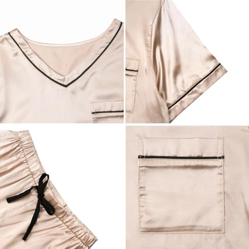 Remidoo Women's Short Sleeve V Neck Shirt with Capri Pants Lounge Set Silk Pj Set4
