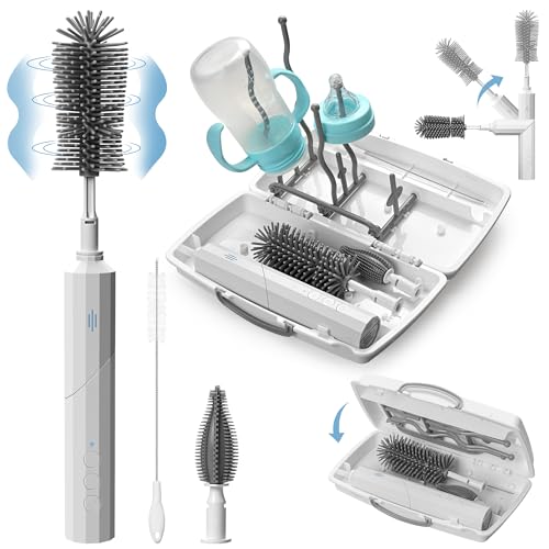 Image of Electric Baby Bottle Cleaner Set, 7-in-1 Travel Bottle Cleaning Kit with Drying Rack, Brush Box, Straw & Nipple Brush, Portable Silicone Brush