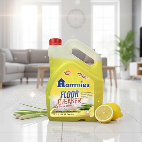 Image of Hommies Disinfectant Surface & Floor Cleaner Liquid, Lemongrass - 5 Litre | Kills 99.9% Germs | Multi-Surface Deep Cleaning for Tiles, Marble & Granite | Long-Lasting Herbal Fragrance