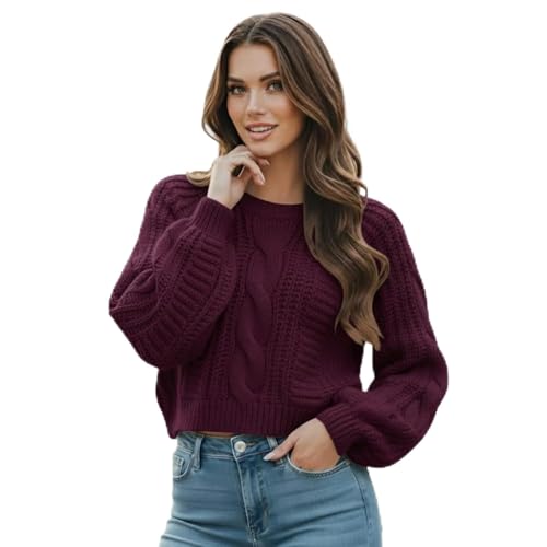 Grewear Womens Cropped Cable Knit Sweater Soft Long Sleeve Crewneck Pullover Casual Cozy Knit Top for Fall Winter Outfits Gift for Women Burgundy-XS
