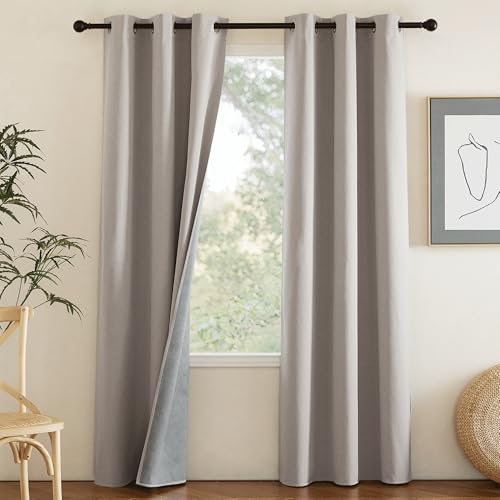 Image of NICETOWN Natural Full Blackout Boho-Chic Faux Linen Curtains 84 inch Long 2 Panels Set for Cafe Window, 42 inch Wide, Thick Faux Linen Blend Drapes, Insulated Window Covers Draperies with White Backing
