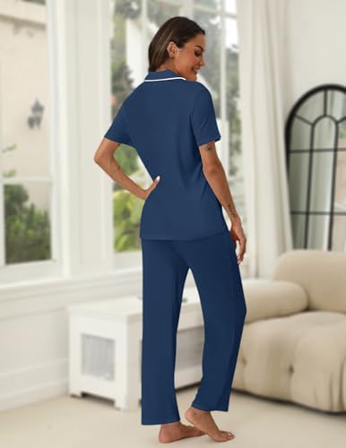 Image of HNG Women Pajamas Set 2 Piece Button Up Pajamas Pant and Short Sleeve Shirt for Woman Pj Sets with Pocket