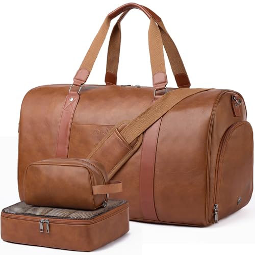 3-in-1 Leather Duffle Bag for Travel with Toiletry Bag and Shoe...