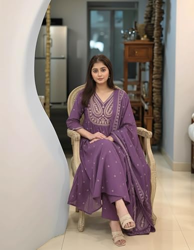 Image of ANNI Designer Women's Rayon Viscose Printed Embroidered Anarkali Kurta with Pant & Dupatta | Ethnic Kurti Set with Embroidery | Soft Comfortable Fabric | Stylish Outfit for Festive, Office