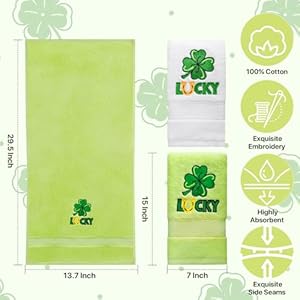 2 Pack St Patricks Day Hand Towels, 14'' x 29'' Cotton Embroidered Green Shamrock Decorative Towels, Soft & Absorbent for Bathroom, and Kitchen Holiday Decor 2 Pack St Patricks Day Hand Towels 14 x 29 Cotton Embroidered Green Shamrock Decorative Towels Soft Absorbent for Bathroom and Kitchen Holiday Decor