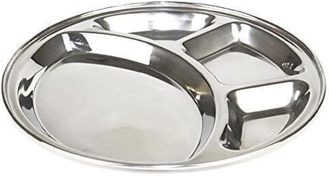 Lot de 6 assiettes à déjeuner rondes indiennes en acier inoxydable 4 en 1 pour la maison, restaurant, pique-nique, camping