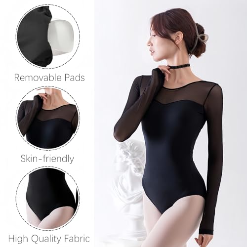 MANJIAMEI Balletttanzanzug Damen Netzlangarm Lateintanzanzug Rundhals Turnanzug Jazz-Tanzkostüm Erwachsenentanzanzug Ballroomtanzkleidung L