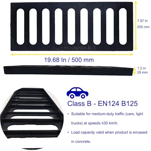 Image of Cast Iron Drain Grate, Driveway Channel Cover 20x8 in | B-Class Heavy-Duty Outdoor Trench Drainage, Black Rectangle Metal Sewer Cover for Garage, Yard, True 19.7x7.9