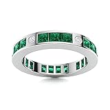SISGEM 2.11ct Emerald Eternity Ring for Women, Princess Cut Engagement Ring, S925 Sterling Silver Wedding Band Ring with Platinum Plated, for Ladies Engagement Wedding (Size I)