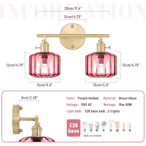 Image of Vintage Wall Light Brass Vanity Light Bathroom Light Fixtures 2-Light Wall Sconce with Purple Globe Glass Shades Vanity Lighting for Stairwell Living Room Bedside Bedroom