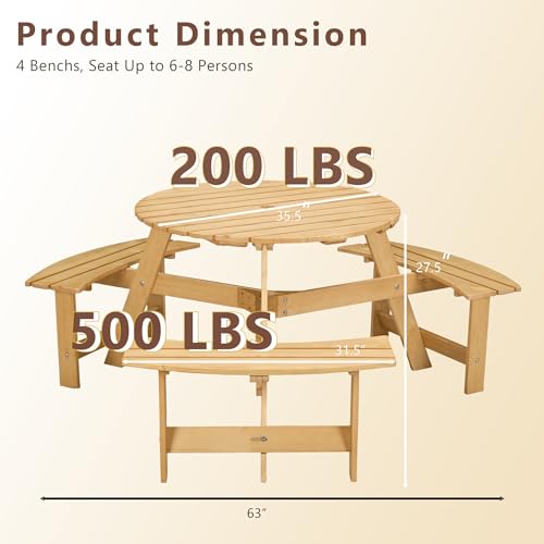 CKEASEAN 6 Person Wood Picnic Table, Outdoor Round Picnic Table with 3 Built-in Benches, Umbrella Hole, Outside Table and Bench Set for Patio, Backyard, 500lbs Capacity Per Bench (Nature, 6 Person)