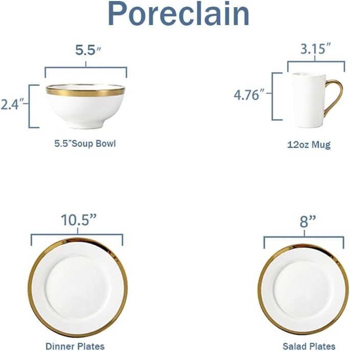 Modern Poreclain 16 Piece Dinnerware Set, Plates and Bowls Set, Dish set for 4, White And Golden Rim?Dinnerware Sets With Gold Trim White and Gold Trim