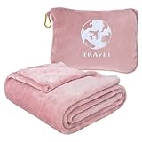 Bnuitland Travel Blanket and Pillow 2 in 1, Soft Flannel Airplane Blanket in Bag Compact-Long Flight Essential for Adults and Kids, Portable Luggage Sleeve and Backpack Clip, 65×40 inch Pink