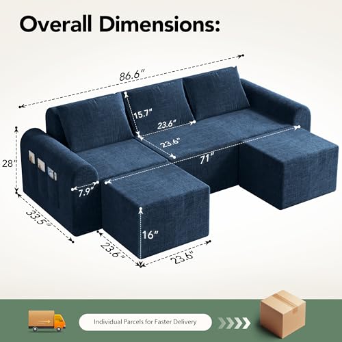 Decofy Cloud Modular Sectional Sofa, No Assembly Deep Seat Chenille Couch with 2 Ottomans, 3-Seater Modular Sofa for Living Room, Blue
