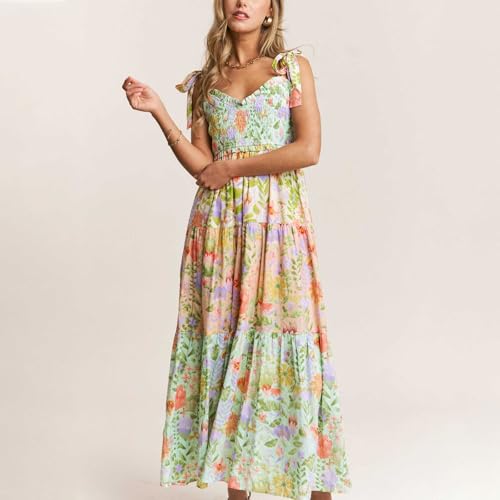 Women Boho Floral Sun Dress Tie Strap Sleeveless V Neck Patchwork Smocked Long Flowy Maxi Dress with Pockets4