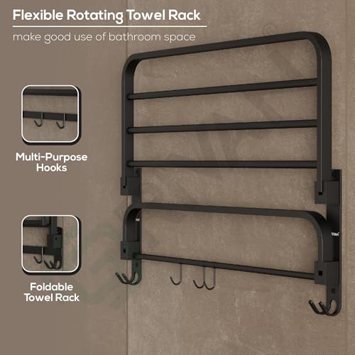 Image of GRIVAN Stainless Steel Towel Rack for Bathroom | Foldable 24 Inch Towel Holder in Bathroom with Hooks | Bathroom Towel Hanger for Wall | Towel Stand Rack for Clothes (Black Matte, Pack of 1)