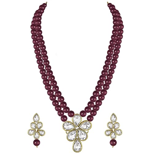 Image of Peora Crystal Faux Pearl Kundan Necklace & Jewellery Set Gift for Women