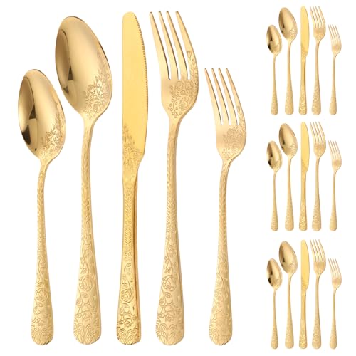 20 Pieces Floral Silverware Set Including Knife Fork Spoon, Stainless Steel Flatware Set with Retro Rose Carving Design Mirror Polished Utensil Kit for Kitchen, Service for 4 People(Gold)
