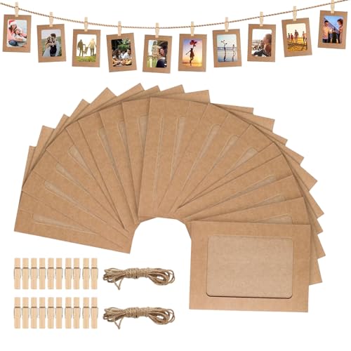 20 peças de molduras de papel para fotos, 11,5 x 15,5 cm, molduras de papelão castanho para fotos, moldura de bricolage com clipes e corda, perfeito para decoração de parede e criação de presentes