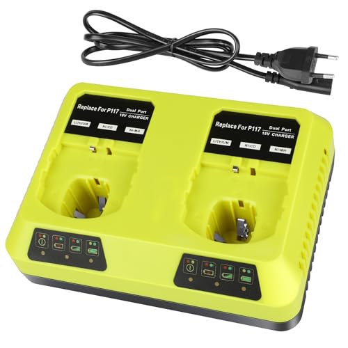 KUNLUN P117 Chargeur pour Ryobi 18V Batterie, 2 Ports Chargeur de Remplacement pour Ryobi One+ P108 P107 P104 P105 P102 P103 P117 Batterie Li-ION/Ni-Mh