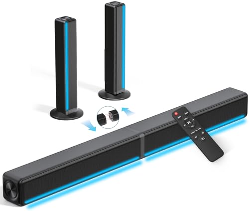Soundbar für TV Geräte, 2.2-Kanal Soundbar mit RGB-LED-Leuchten, 180W Teilbare 2-in-1 TV Lautsprecher mit 3 EQ-Modi, Bass Einstellbare, Bluetooth 5.3, ARC/Opt/Aux/USB für Fernseher/Gaming/Beamer/PC