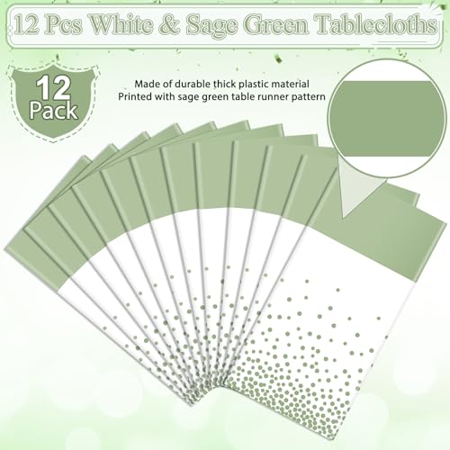 Image of 12Pcs White and Sage Green Tablecloth Decorations,Plastic White Table Cloth Printed Green Table Runner Disposable Rectangle Tables Cover for Birthday Wedding Anniversary Graduation Party,54 x108 Inch