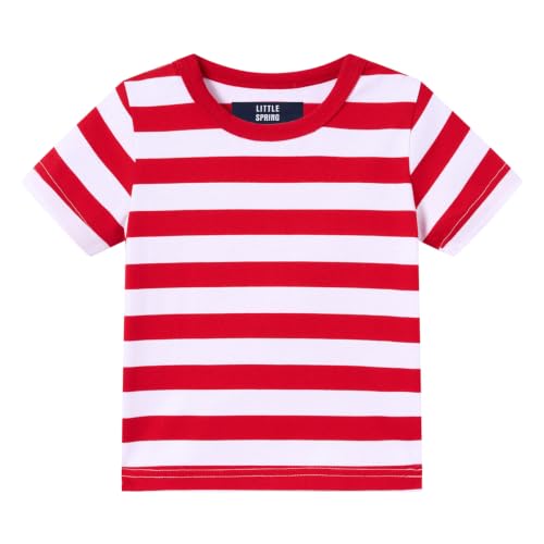 Image of LittleSpring Boys Girls T Shirt Rainbow Striped Cotton Crewneck Tees for Kids Fashion