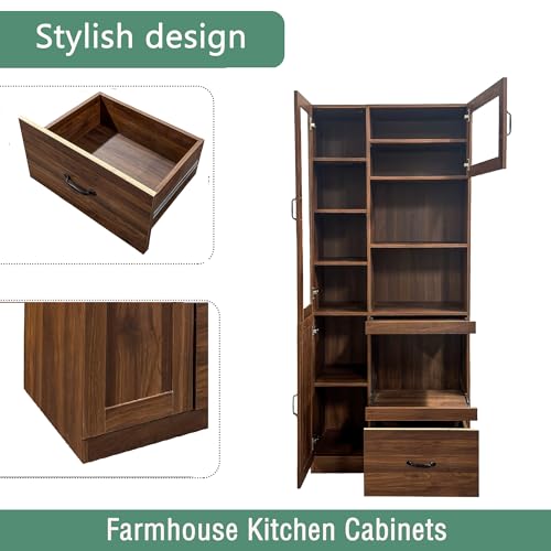 Image of Farmhouse Kitchen Hutch Pantry Cabinet, 70.87 inch Tall Freestanding Cupboard with Multi-Tier Storage Rack and Microwave Stand for Kitchen, Dining Room, Walnut