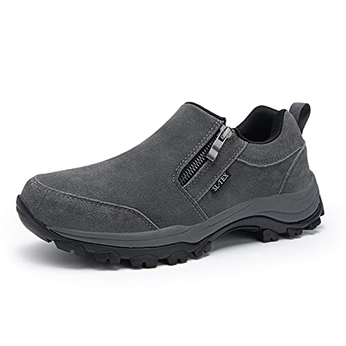 Men s Waterproof Hiking Shoes Lightweight Non-Slip Casual Loafers Slip-on Zipper Footwear Hiker Outdoor Breathable Low Top Trail Trekking Work Suede Leather Shoe Grey