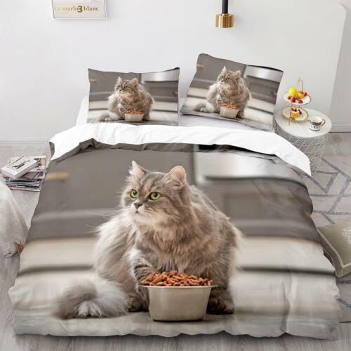 Housse de couette 220x240 gris chat et 2 taies d'oreiller, l'idée cadeau décoration anniversaire