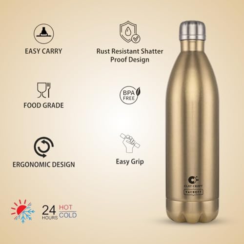 Image of CLAY CRAFT VACBOTT Stark Sparkle Double Walled Thermosteel|18 Hours Hot and 24 Hours| Cold Water Bottle Vacuum Insulated Flask Bottle|1000 ml, 2 Piece, Water Bottles for School, Home, Gym, Leakproof