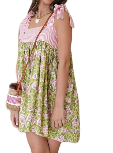 Image of Women Floral Tie Shoulder Mini Dress Cute Square Neck Loose Fit Beach Short Dress Backless Boho Vocation Sundress