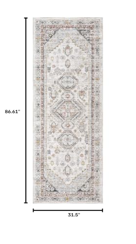 Image of Hauteloom Balfour Hallway, Kitchen Runner Rug - Medallion Geometric Border Floral Diamond - Traditional Oriental Transitional Oushak Turkish - Natural Gray, Cream, Gray, Beige, Blue - 2'7 inch x 7'3 inch