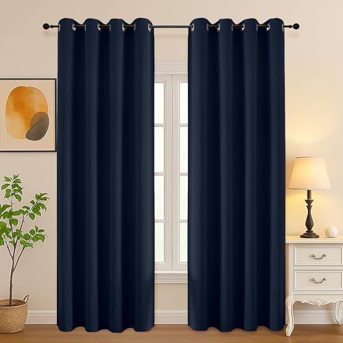 Image of Simplebrand Navy Blue Curtains for Bedroom Living Room 90 Inches Long 2 Panels Set, Room Darkening Thermal Insulated Curtains & Drapes, Solid Grommet Noise Reducing Window Treatment, W50 x L90 Inch