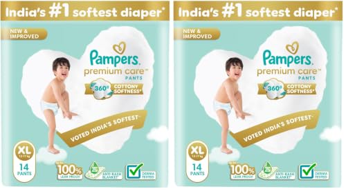 Image of Pampers Premium Care Pant Style Baby Diapers XL 14 Count | No Marks Design | Voted India's #1 Softest Diaper | All in 1 diaper with 360 Cottony Softness (Pack of 2)