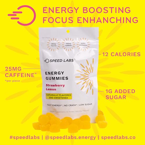 Image of Speed Labs Caffeine Energy Gummies Strawberry Lemon Natural, 25mg Caffeine, Taurine, B-Vitamins per Piece, Vegan, Gluten Free, 1g Added Sugar (1 Pack, Strawberry Lemon)
