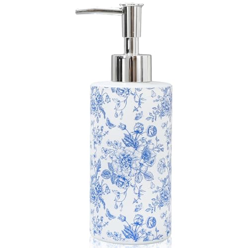 JarThenaAMCS Blue Floral Soap Dispenser Vintage Flower Butterfly Glass Dispenser with Pump Refillable Chinoiserie Liquid Soap Container for Farmhouse Home Kitchen Bathroom Countertop